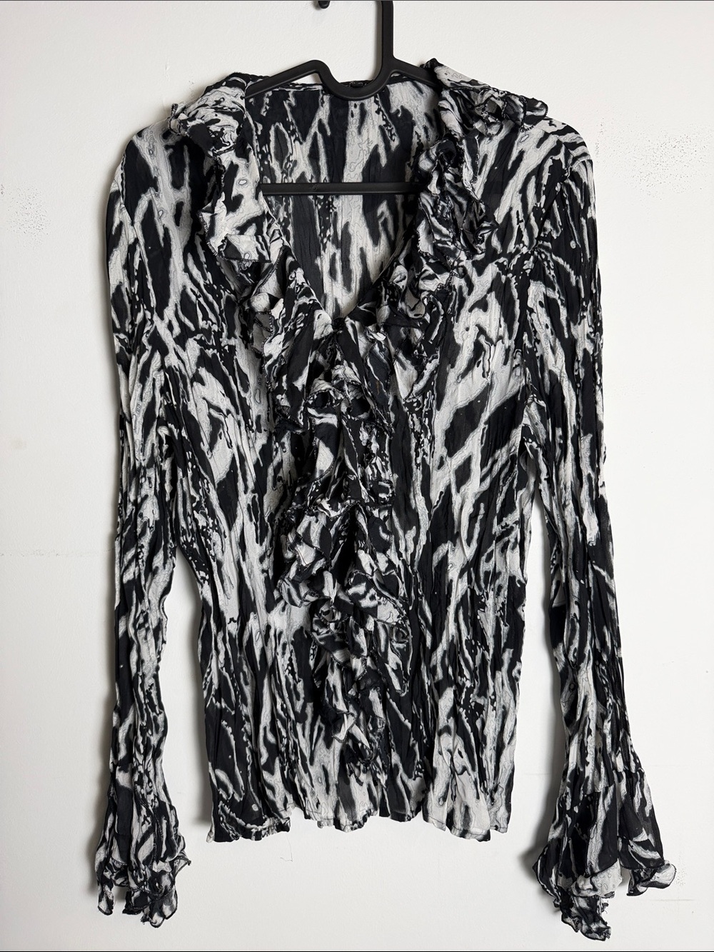 Violet & Claire Black and White Ruffle Front Blouse